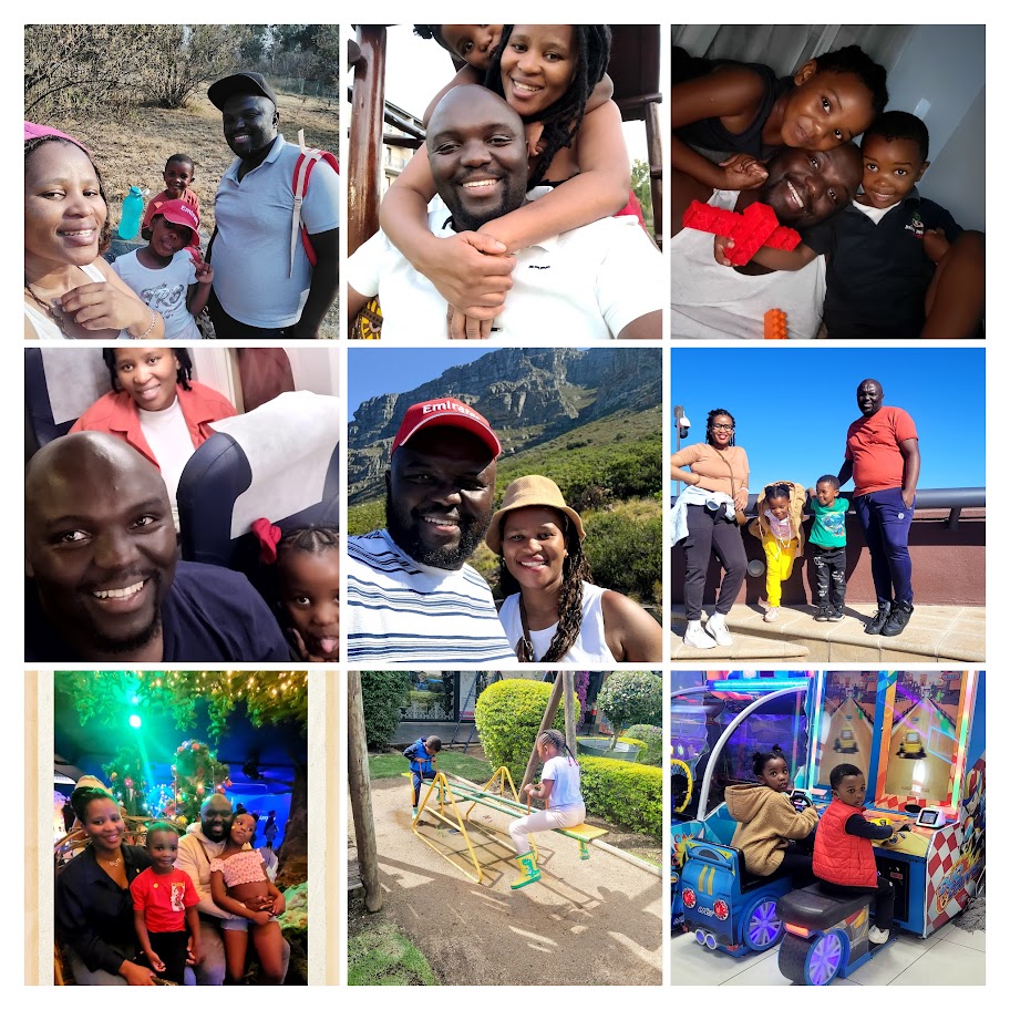 A photo collage of Senzo Mkhize, Credico South Africa's 2024 Employee of the Year, with his family. The grid of nine photos shows the family doing activities together such as playing on a playground, hiking, flying on a plane, and celebrating holidays.