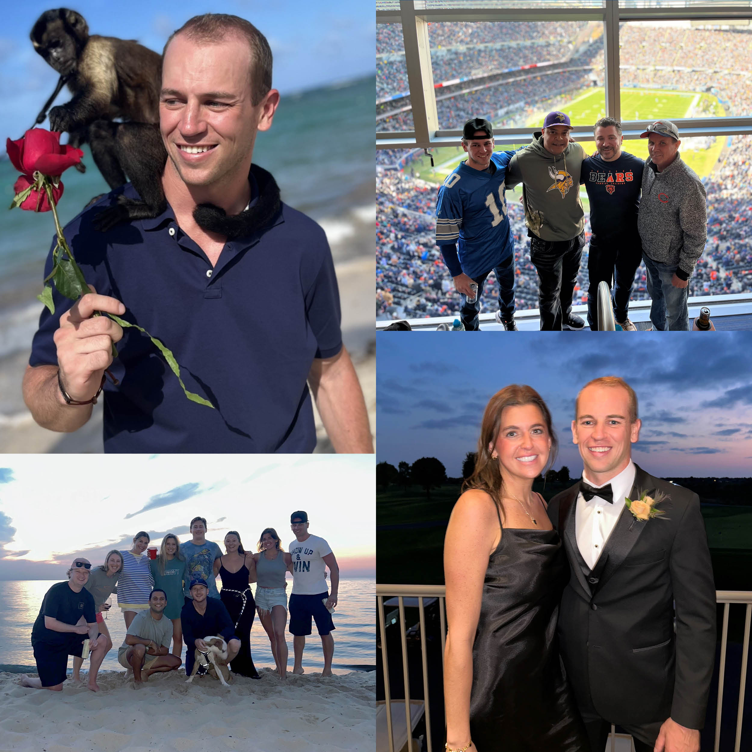 A collage of four photos of Blake Kopach: one with a monkey on his shoulder holding a rose on the beach, a group shot with three friends at a Detroit Lions game, a larger group of friends posing for a photo with a dog on a beach near sunset, and dressed up in a tux with a friend on a balcony at a wedding